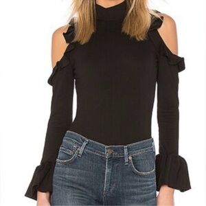 cinq a sept Black Cold-Shoulder Ruffle Bodysuit